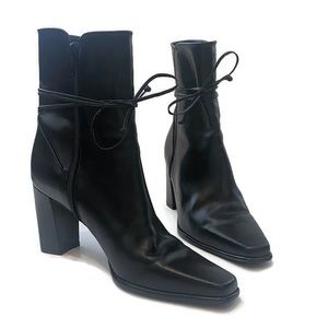 Enzo Angiolini Square Toe Black Leather Ankle Boots with Tie Detail - 7.5
